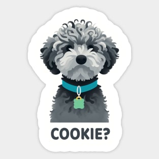Cute curly haired dog wants a cookie Sticker